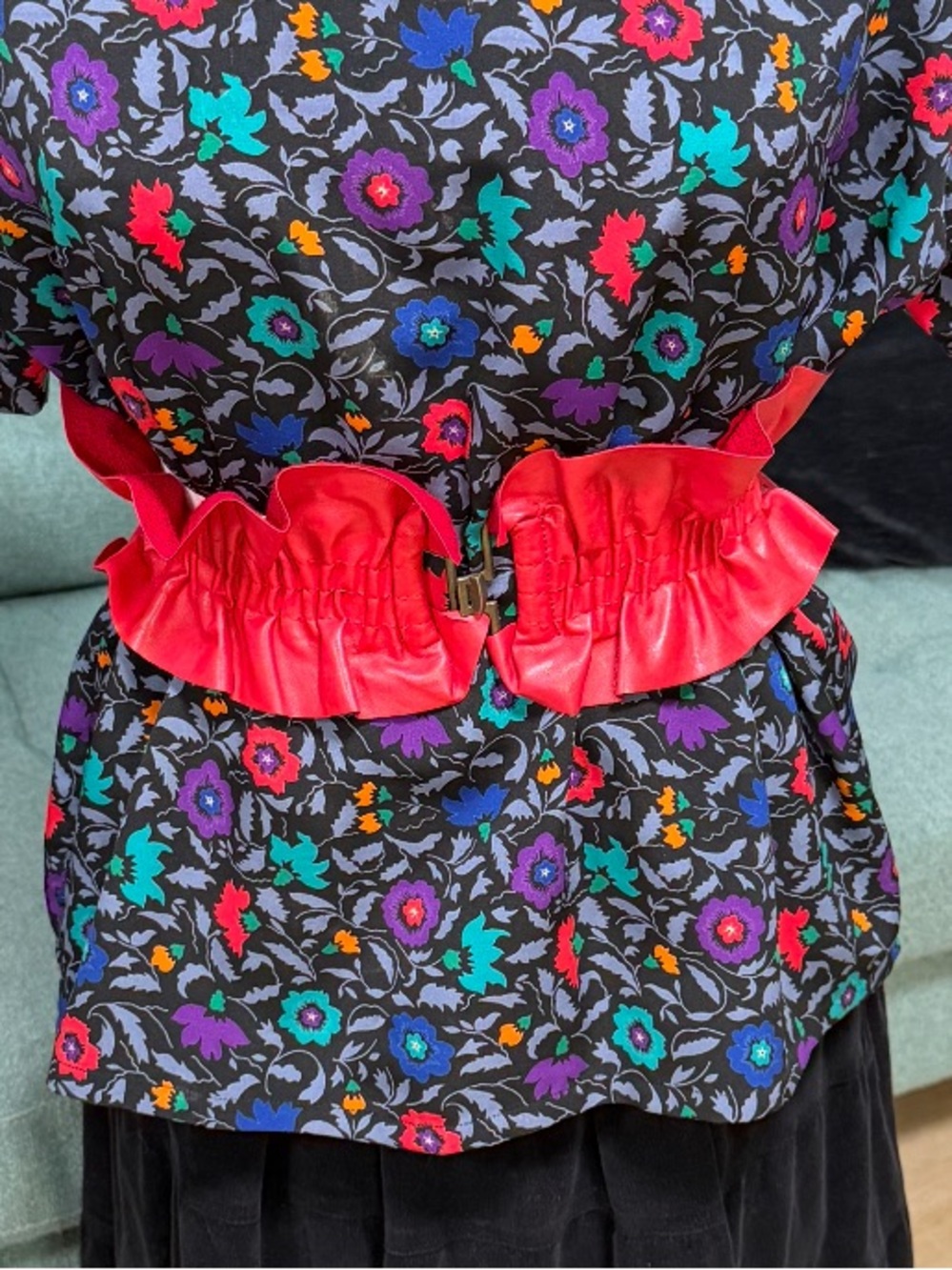 Vintage Red and Cream Ruffled Fabric Belt